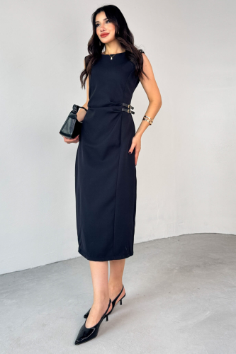 ELB-01789 Siyah Deri Kemerli Arka Fermuar Detaylı Lamineli  Poliviskon Elbise - 7