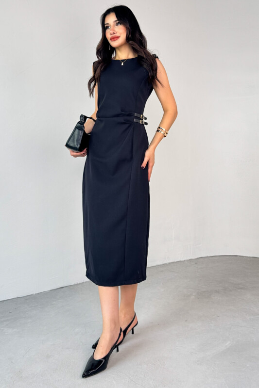 ELB-01789 Siyah Deri Kemerli Arka Fermuar Detaylı Lamineli  Poliviskon Elbise - 7