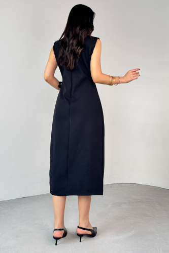 ELB-01789 Siyah Deri Kemerli Arka Fermuar Detaylı Lamineli  Poliviskon Elbise - 8