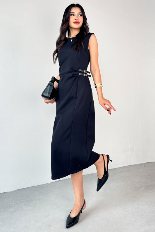 ELB-01789 Siyah Deri Kemerli Arka Fermuar Detaylı Lamineli  Poliviskon Elbise - 3