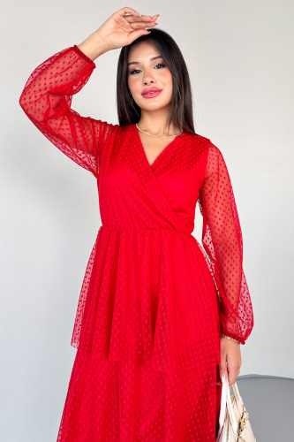 ELB-01797 Kırmızı Kruvaze Yaka Astarlı Dantelli Pileli Sandy Elbise (1)