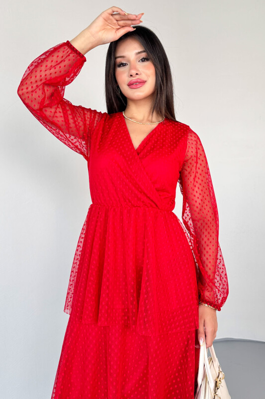 ELB-01797 Kırmızı Kruvaze Yaka Astarlı Dantelli Pileli Sandy Elbise - 2