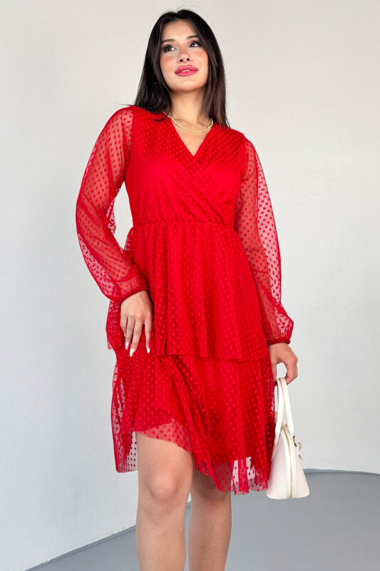 ELB-01797 Kırmızı Kruvaze Yaka Astarlı Dantelli Pileli Sandy Elbise - 3