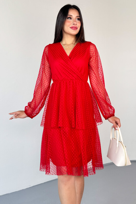 ELB-01797 Kırmızı Kruvaze Yaka Astarlı Dantelli Pileli Sandy Elbise - 4