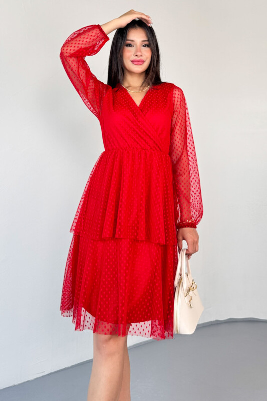 ELB-01797 Kırmızı Kruvaze Yaka Astarlı Dantelli Pileli Sandy Elbise - 1