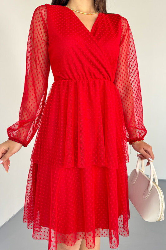 ELB-01797 Kırmızı Kruvaze Yaka Astarlı Dantelli Pileli Sandy Elbise - 5