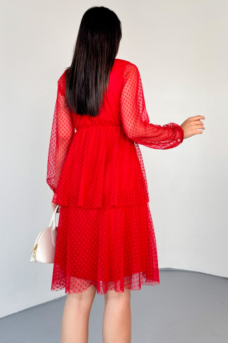 ELB-01797 Kırmızı Kruvaze Yaka Astarlı Dantelli Pileli Sandy Elbise - 6