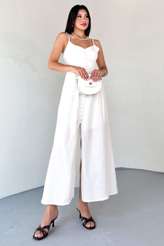 ELB-01802 Beyaz Askılı Kaplama Düğmeli Gipeli Müslin Elbise - 6