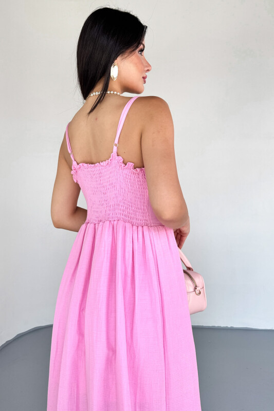 ELB-01802 Pembe Askılı Kaplama Düğmeli Gipeli Müslin Elbise - 3