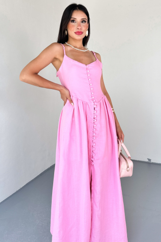 ELB-01802 Pembe Askılı Kaplama Düğmeli Gipeli Müslin Elbise - 4