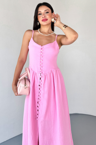 ELB-01802 Pembe Askılı Kaplama Düğmeli Gipeli Müslin Elbise - 2
