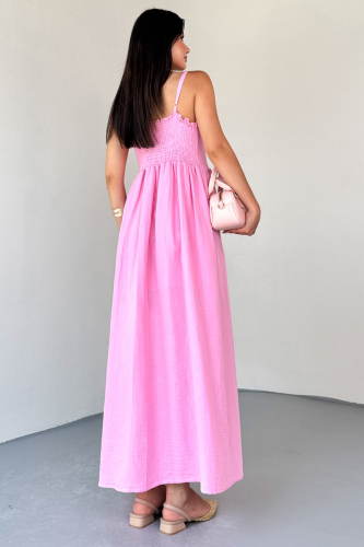 ELB-01802 Pembe Askılı Kaplama Düğmeli Gipeli Müslin Elbise - 5