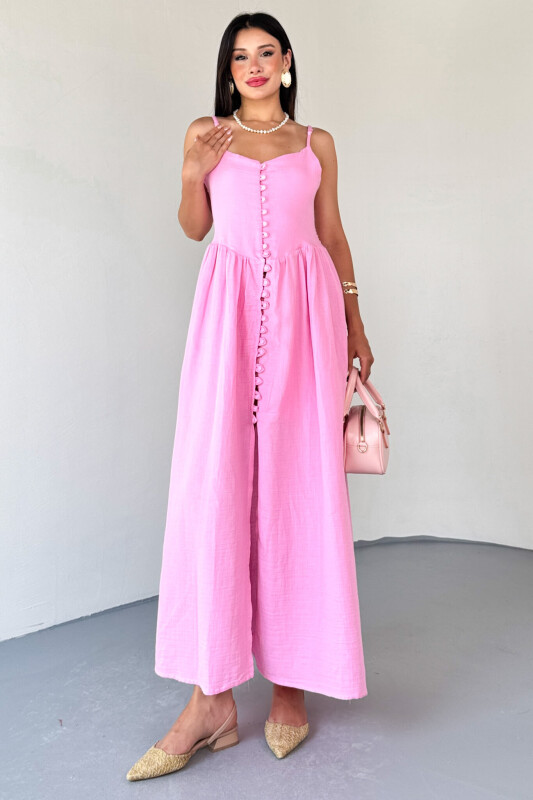 ELB-01802 Pembe Askılı Kaplama Düğmeli Gipeli Müslin Elbise - 6