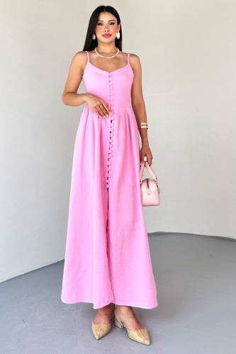 ELB-01802 Pembe Askılı Kaplama Düğmeli Gipeli Müslin Elbise - 1