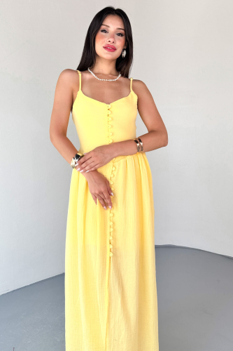 ELB-01802 Sarı Askılı Kaplama Düğmeli Gipeli Müslin Elbise  - 2