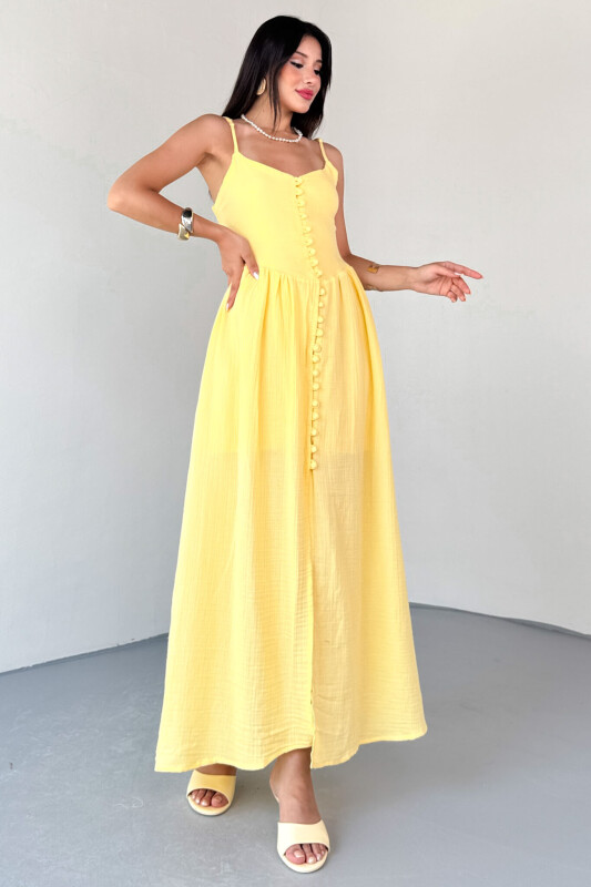 ELB-01802 Sarı Askılı Kaplama Düğmeli Gipeli Müslin Elbise  - 3