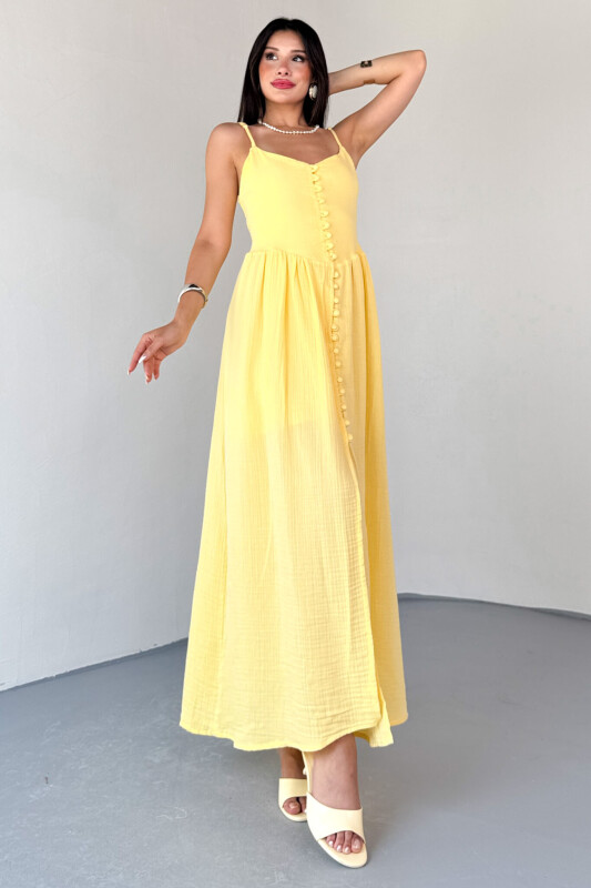 ELB-01802 Sarı Askılı Kaplama Düğmeli Gipeli Müslin Elbise  - 1