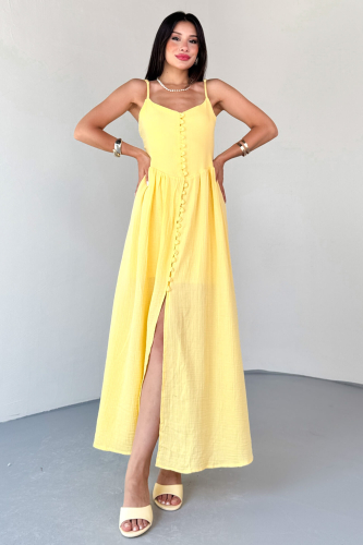 ELB-01802 Sarı Askılı Kaplama Düğmeli Gipeli Müslin Elbise  - 4