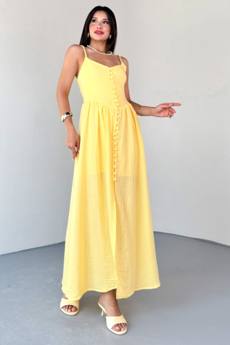 ELB-01802 Sarı Askılı Kaplama Düğmeli Gipeli Müslin Elbise  - 5