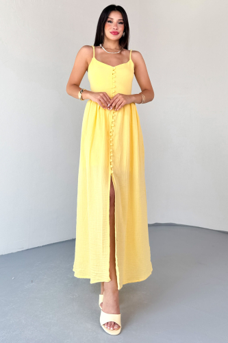 ELB-01802 Sarı Askılı Kaplama Düğmeli Gipeli Müslin Elbise  - 6