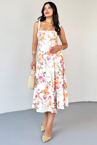 ELB-01803 Ekru Çiçek Desenli Askılı Büstiyerli Viskon Elbise - 1