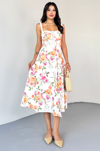 ELB-01803 Ekru Çiçek Desenli Askılı Büstiyerli Viskon Elbise - 3