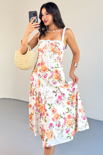 ELB-01803 Ekru Çiçek Desenli Askılı Büstiyerli Viskon Elbise - 4