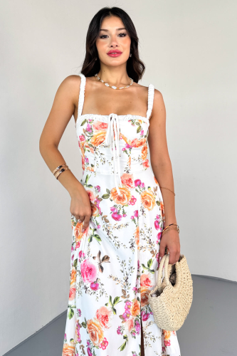 ELB-01803 Ekru Çiçek Desenli Askılı Büstiyerli Viskon Elbise - 6