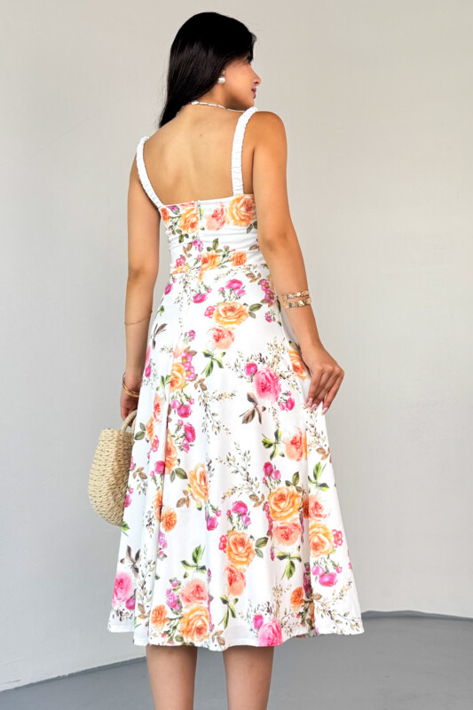 ELB-01803 Ekru Çiçek Desenli Askılı Büstiyerli Viskon Elbise - 7