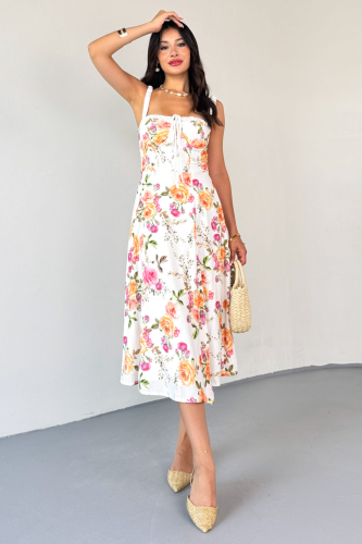 ELB-01803 Ekru Çiçek Desenli Askılı Büstiyerli Viskon Elbise - 8