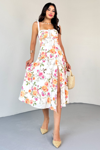 ELB-01803 Ekru Çiçek Desenli Askılı Büstiyerli Viskon Elbise - 10