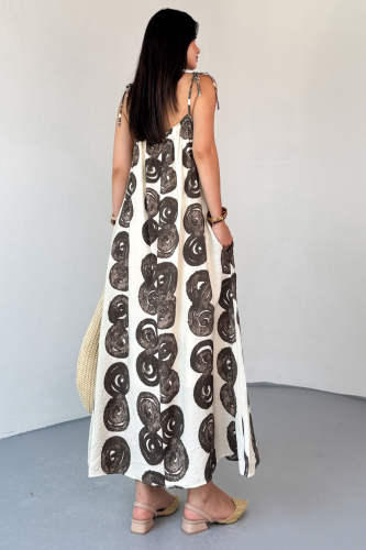 ELB-01805 Krem Bohem Desen Boncuklu Askı Detaylı Astarlı Pamuklu Elbise - 5