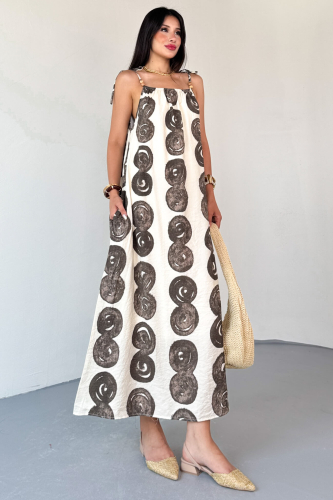 ELB-01805 Krem Bohem Desen Boncuklu Askı Detaylı Astarlı Pamuklu Elbise - 1