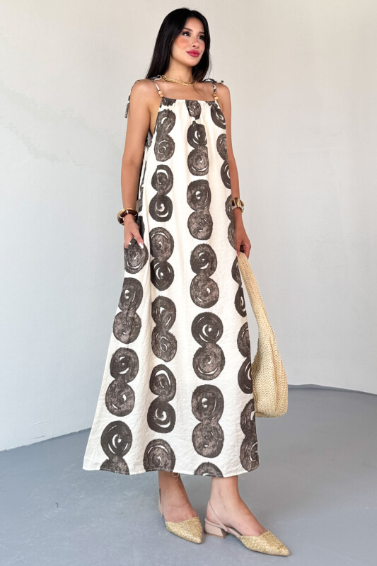 ELB-01805 Krem Bohem Desen Boncuklu Askı Detaylı Astarlı Pamuklu Elbise - 1