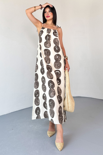 ELB-01805 Krem Bohem Desen Boncuklu Askı Detaylı Astarlı Pamuklu Elbise - 3