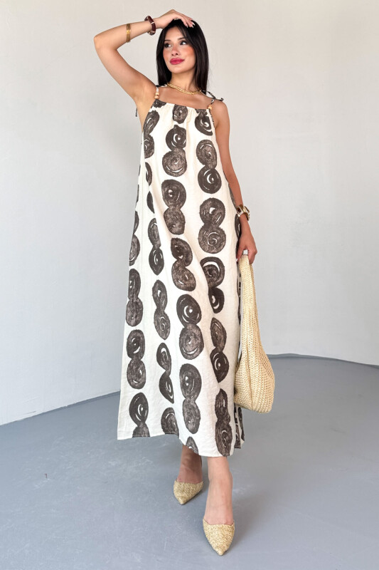 ELB-01805 Krem Bohem Desen Boncuklu Askı Detaylı Astarlı Pamuklu Elbise - 3