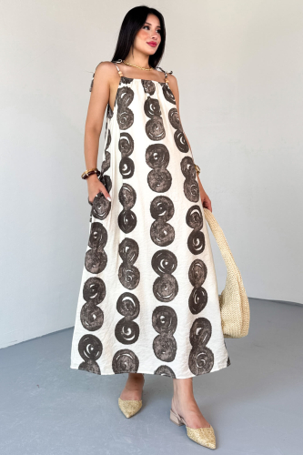 ELB-01805 Krem Bohem Desen Boncuklu Askı Detaylı Astarlı Pamuklu Elbise - 6