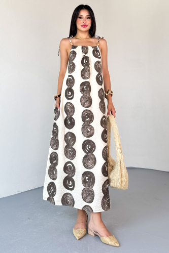 ELB-01805 Krem Bohem Desen Boncuklu Askı Detaylı Astarlı Pamuklu Elbise - 7