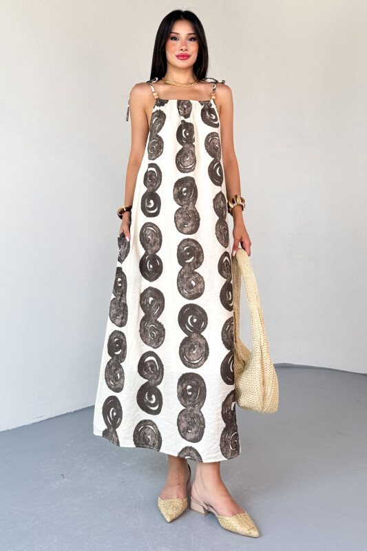 ELB-01805 Krem Bohem Desen Boncuklu Askı Detaylı Astarlı Pamuklu Elbise - 7