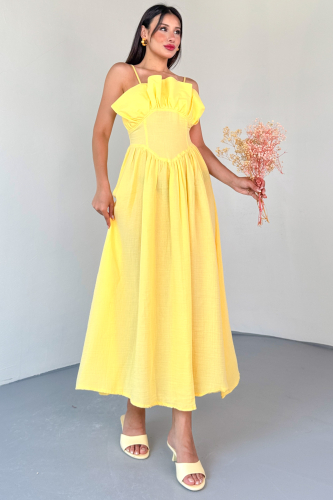 ELB-01807 Sarı Ön Piliseli Büstiyerli Müslin Kumaş Askılı Elbise - 1