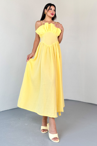 ELB-01807 Sarı Ön Piliseli Büstiyerli Müslin Kumaş Askılı Elbise - 4