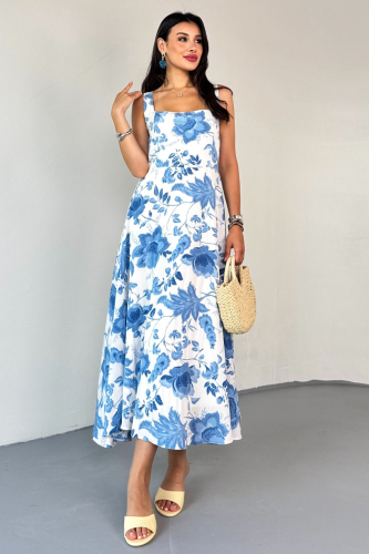 ELB-01810 Mavi Kare Yaka Beyaz Çiçek Desenli Astarlı Askılı Elbise - 6