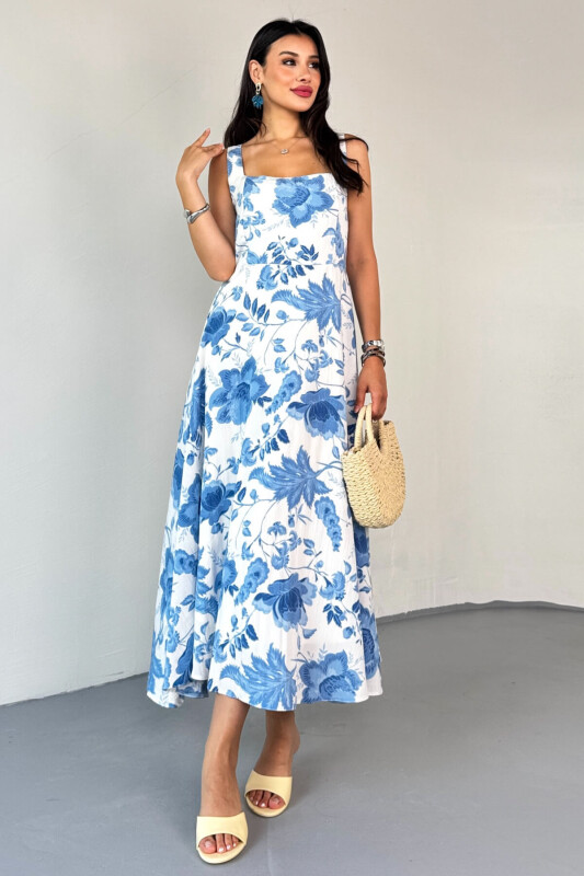 ELB-01810 Mavi Kare Yaka Beyaz Çiçek Desenli Astarlı Askılı Elbise - 6