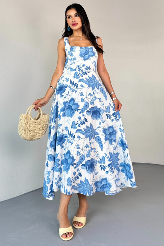 ELB-01810 Mavi Kare Yaka Beyaz Çiçek Desenli Astarlı Askılı Elbise - 7