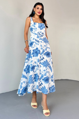 ELB-01810 Mavi Kare Yaka Beyaz Çiçek Desenli Astarlı Askılı Elbise - 8