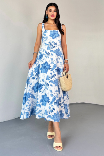 ELB-01810 Mavi Kare Yaka Beyaz Çiçek Desenli Astarlı Askılı Elbise - 1