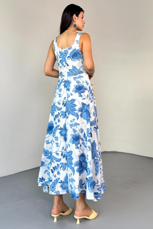 ELB-01810 Mavi Kare Yaka Beyaz Çiçek Desenli Astarlı Askılı Elbise - 9