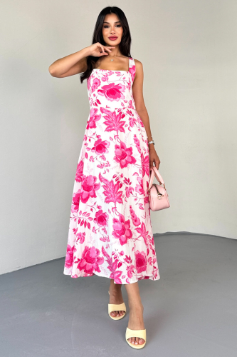 ELB-01810 Pembe Kare Yaka Beyaz Çiçek Desenli Astarlı Askılı Elbise - 4