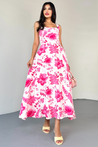 ELB-01810 Pembe Kare Yaka Beyaz Çiçek Desenli Astarlı Askılı Elbise - 1