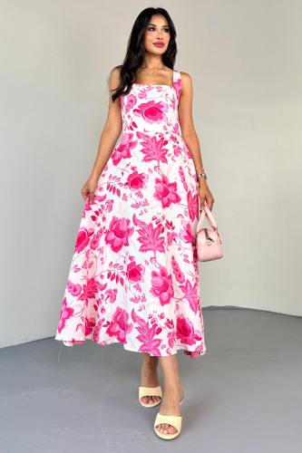 ELB-01810 Pembe Kare Yaka Beyaz Çiçek Desenli Astarlı Askılı Elbise - 6